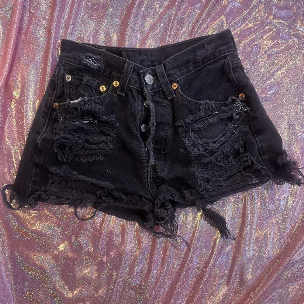 Levi’s 501 Black Distressed Jean Shorts | W26 | Reworked High Rise